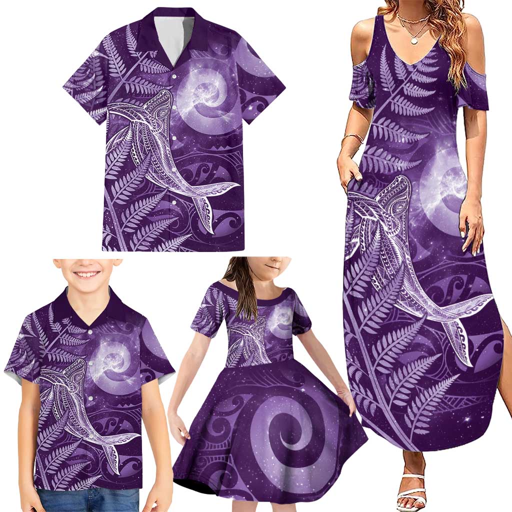New Zealand Matariki Family Matching Summer Maxi Dress and Hawaiian Shirt Maori Koru With Humpback Whale Purple