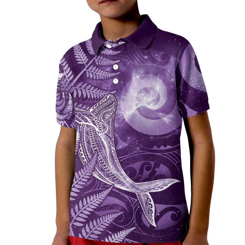 New Zealand Matariki Kid Polo Shirt Maori Koru With Humpback Whale Purple