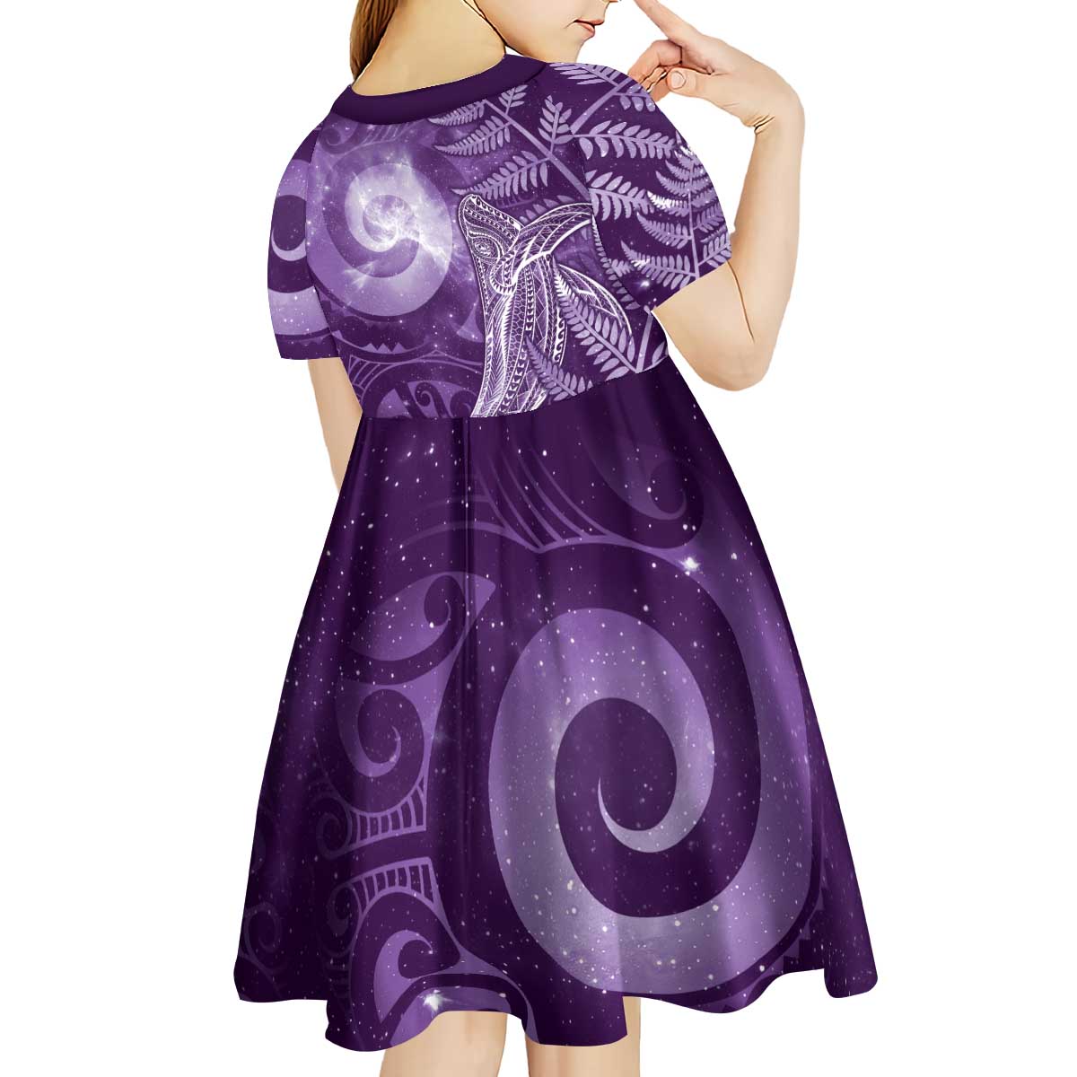 New Zealand Matariki Kid Short Sleeve Dress Maori Koru With Humpback Whale Purple