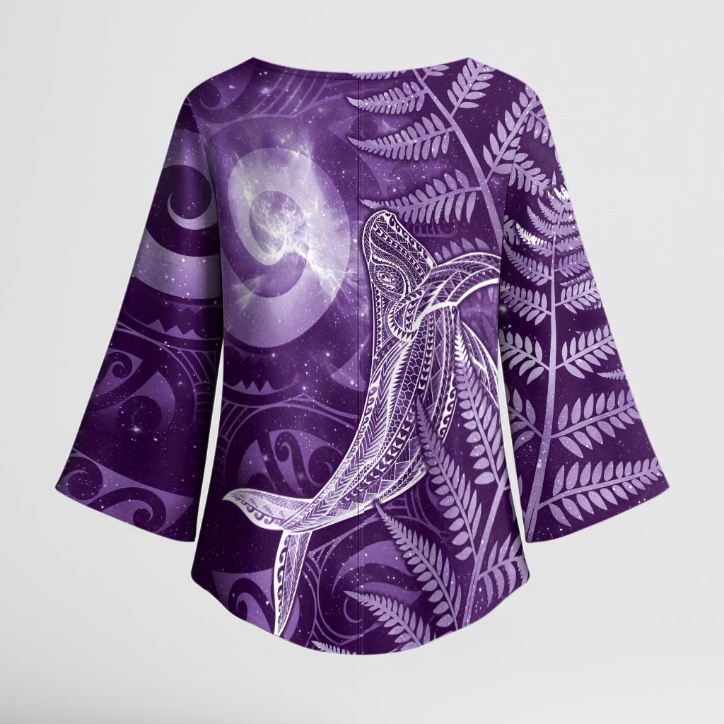 New Zealand Matariki Kimono Sleeve Blouse Maori Koru With Humpback Whale Purple