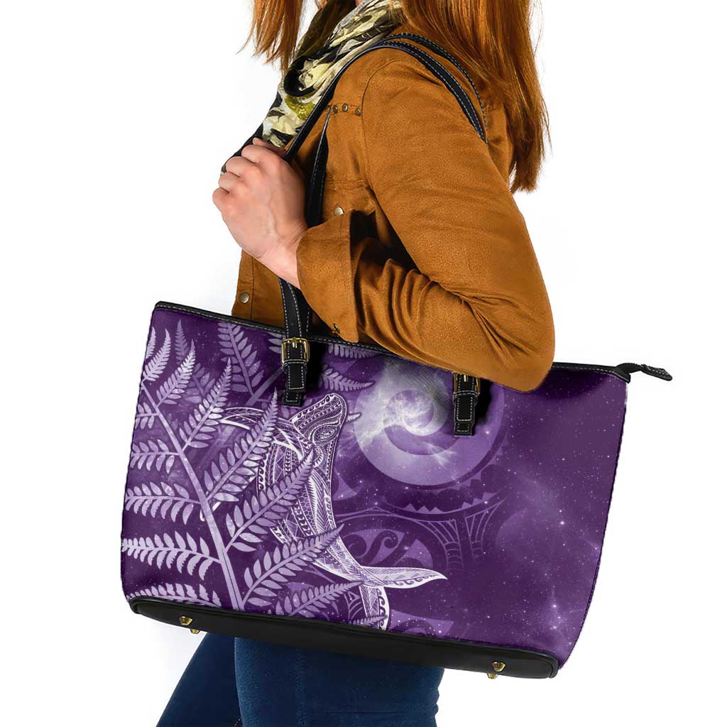 New Zealand Matariki Leather Tote Bag Maori Koru With Humpback Whale Purple LT05 Purple - Polynesian Pride