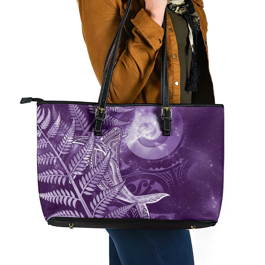 New Zealand Matariki Leather Tote Bag Maori Koru With Humpback Whale Purple LT05 - Polynesian Pride