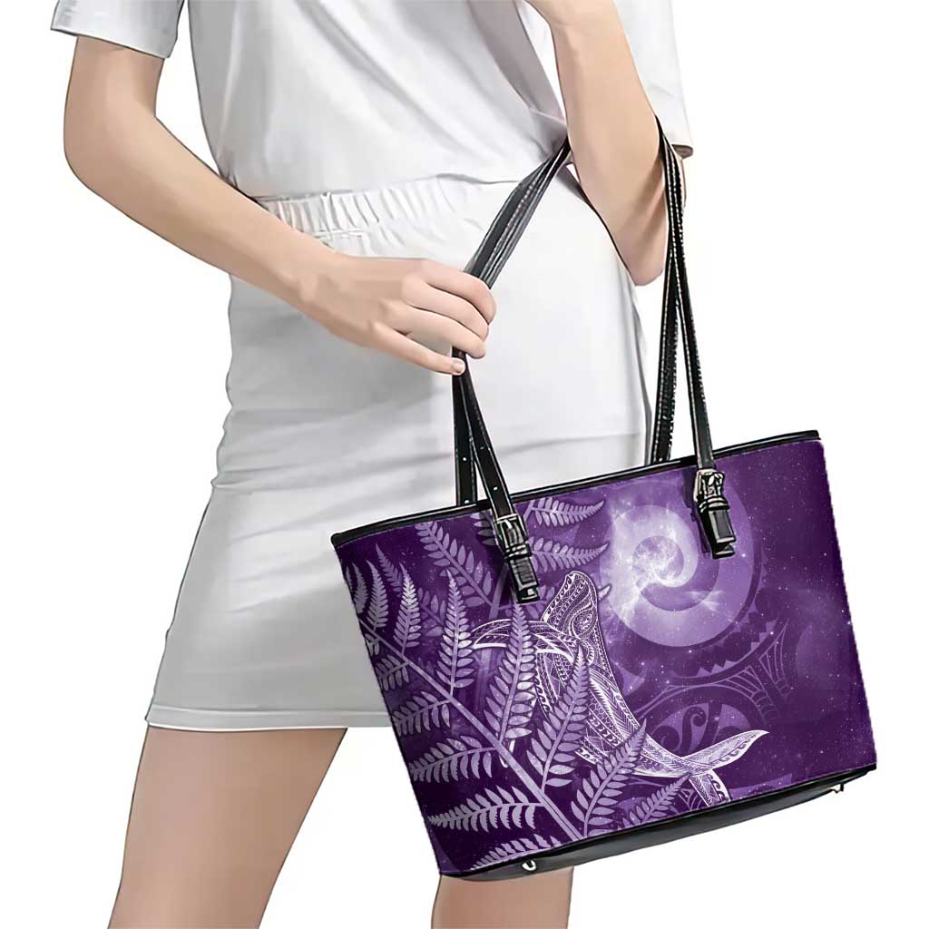 New Zealand Matariki Leather Tote Bag Maori Koru With Humpback Whale Purple LT05 - Polynesian Pride