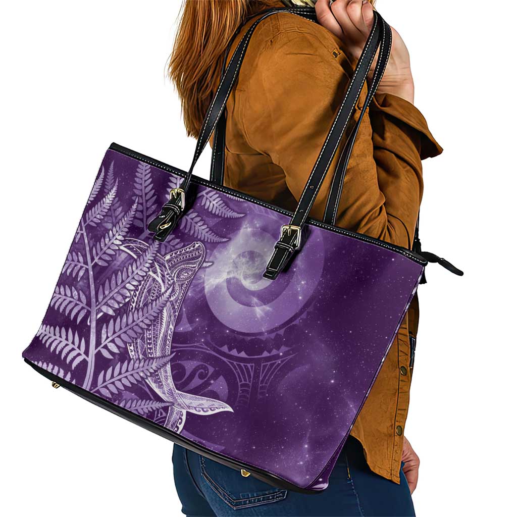 New Zealand Matariki Leather Tote Bag Maori Koru With Humpback Whale Purple LT05 - Polynesian Pride