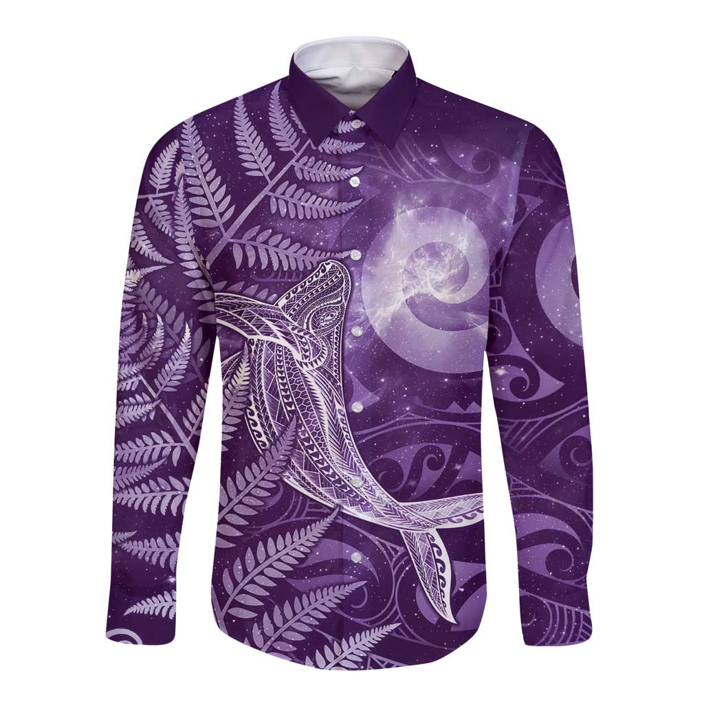 New Zealand Matariki Long Sleeve Button Shirt Maori Koru With Humpback Whale Purple
