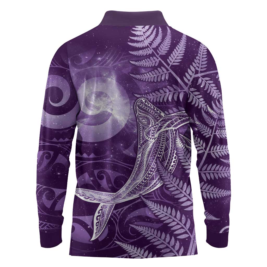 New Zealand Matariki Long Sleeve Polo Shirt Maori Koru With Humpback Whale Purple