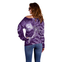 New Zealand Matariki Off Shoulder Sweater Maori Koru With Humpback Whale Purple