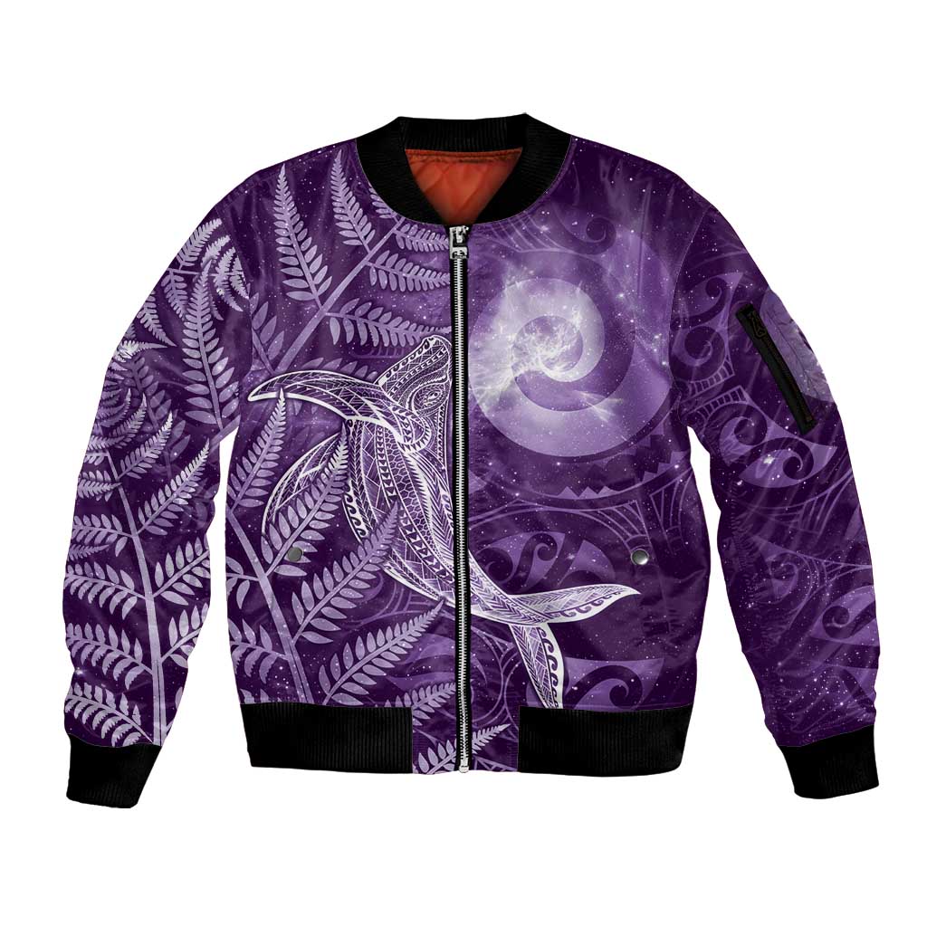 New Zealand Matariki Sleeve Zip Bomber Jacket Maori Koru With Humpback Whale Purple