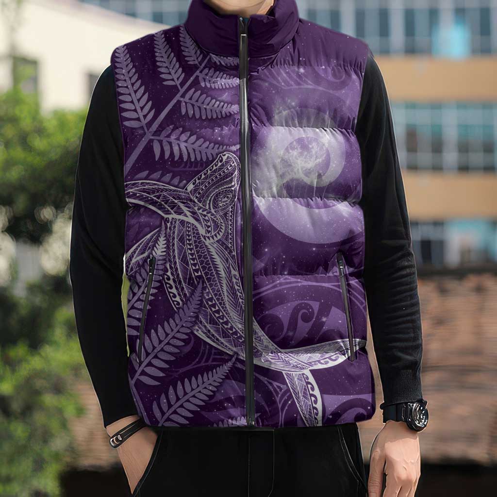 New Zealand Matariki Sleeveless Puffer Jacket Maori Koru With Humpback Whale Purple LT05 - Polynesian Pride