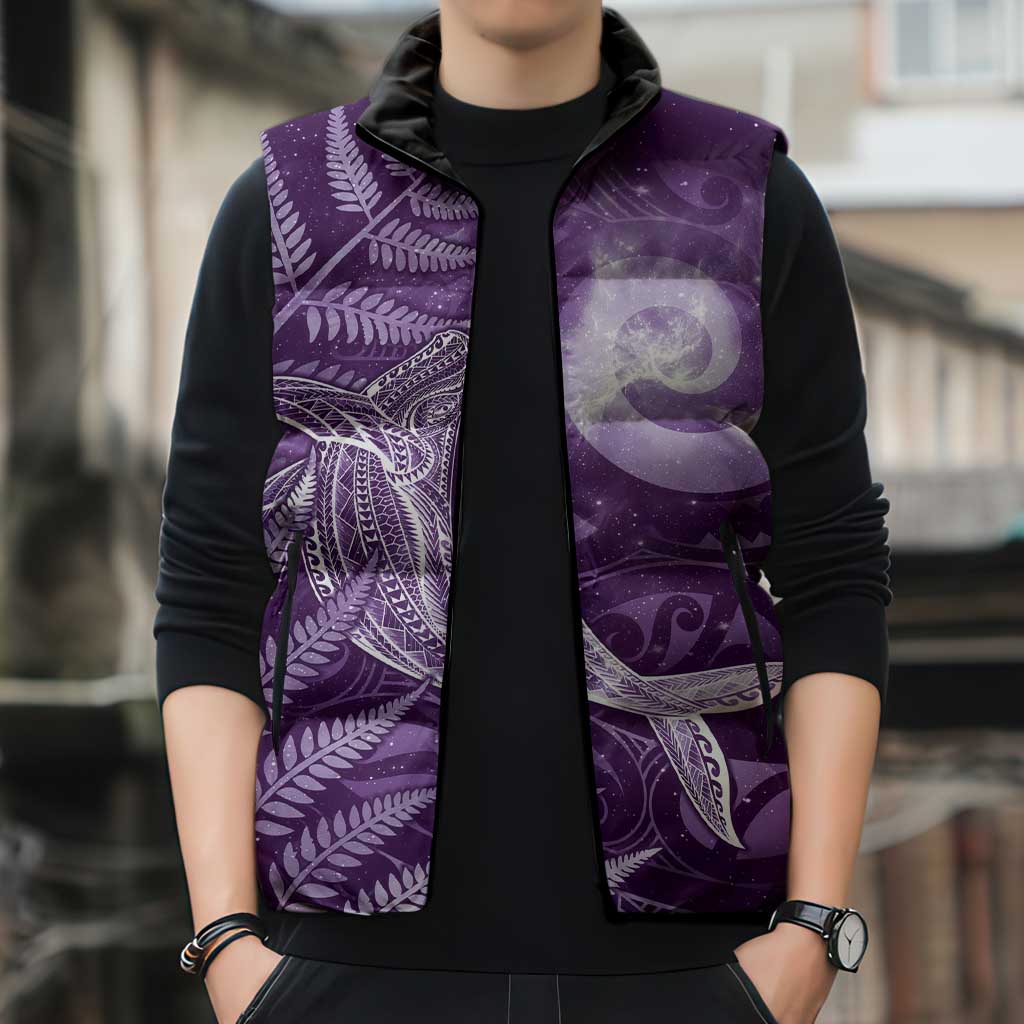 New Zealand Matariki Sleeveless Puffer Jacket Maori Koru With Humpback Whale Purple LT05 - Polynesian Pride