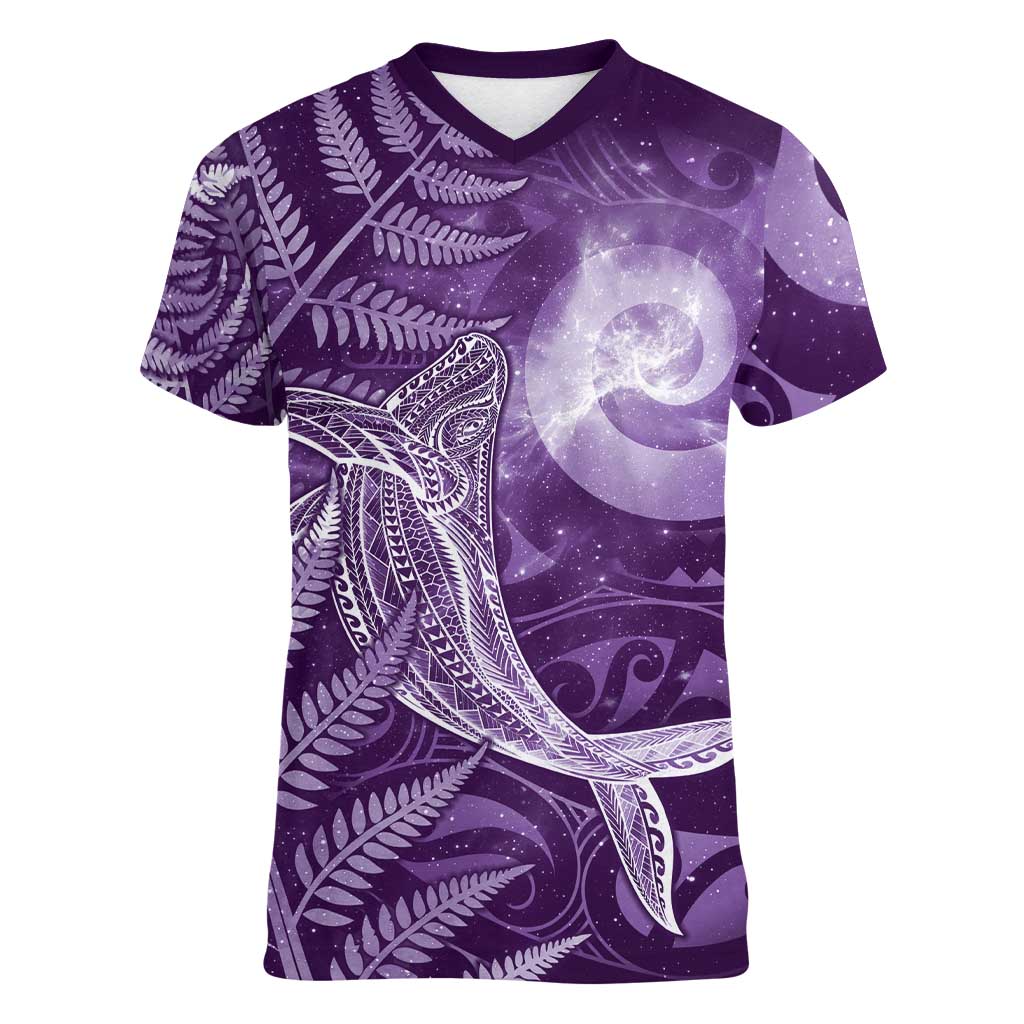 New Zealand Matariki Women V-Neck T-Shirt Maori Koru With Humpback Whale Purple