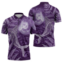 New Zealand Matariki Zipper Polo Shirt Maori Koru With Humpback Whale Purple