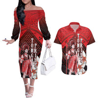 The First King Of Tonga Couples Matching Off The Shoulder Long Sleeve Dress and Hawaiian Shirt Tongan Pride LT05 Red - Polynesian Pride