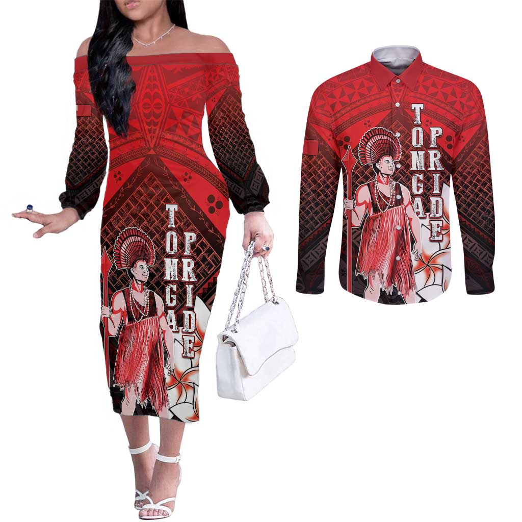 The First King Of Tonga Couples Matching Off The Shoulder Long Sleeve Dress and Long Sleeve Button Shirt Tongan Pride LT05 Red - Polynesian Pride