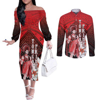 The First King Of Tonga Couples Matching Off The Shoulder Long Sleeve Dress and Long Sleeve Button Shirt Tongan Pride LT05 Red - Polynesian Pride