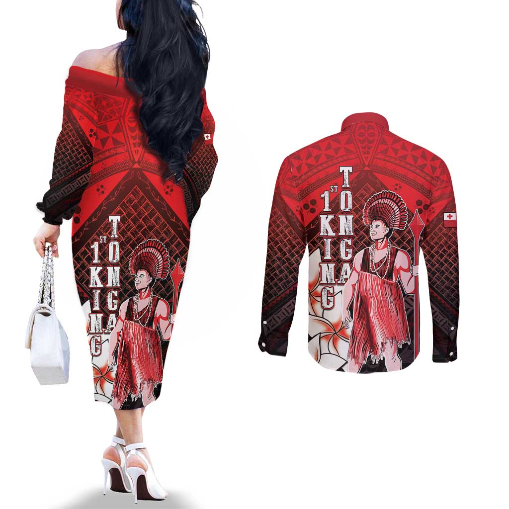 The First King Of Tonga Couples Matching Off The Shoulder Long Sleeve Dress and Long Sleeve Button Shirt Tongan Pride LT05 - Polynesian Pride