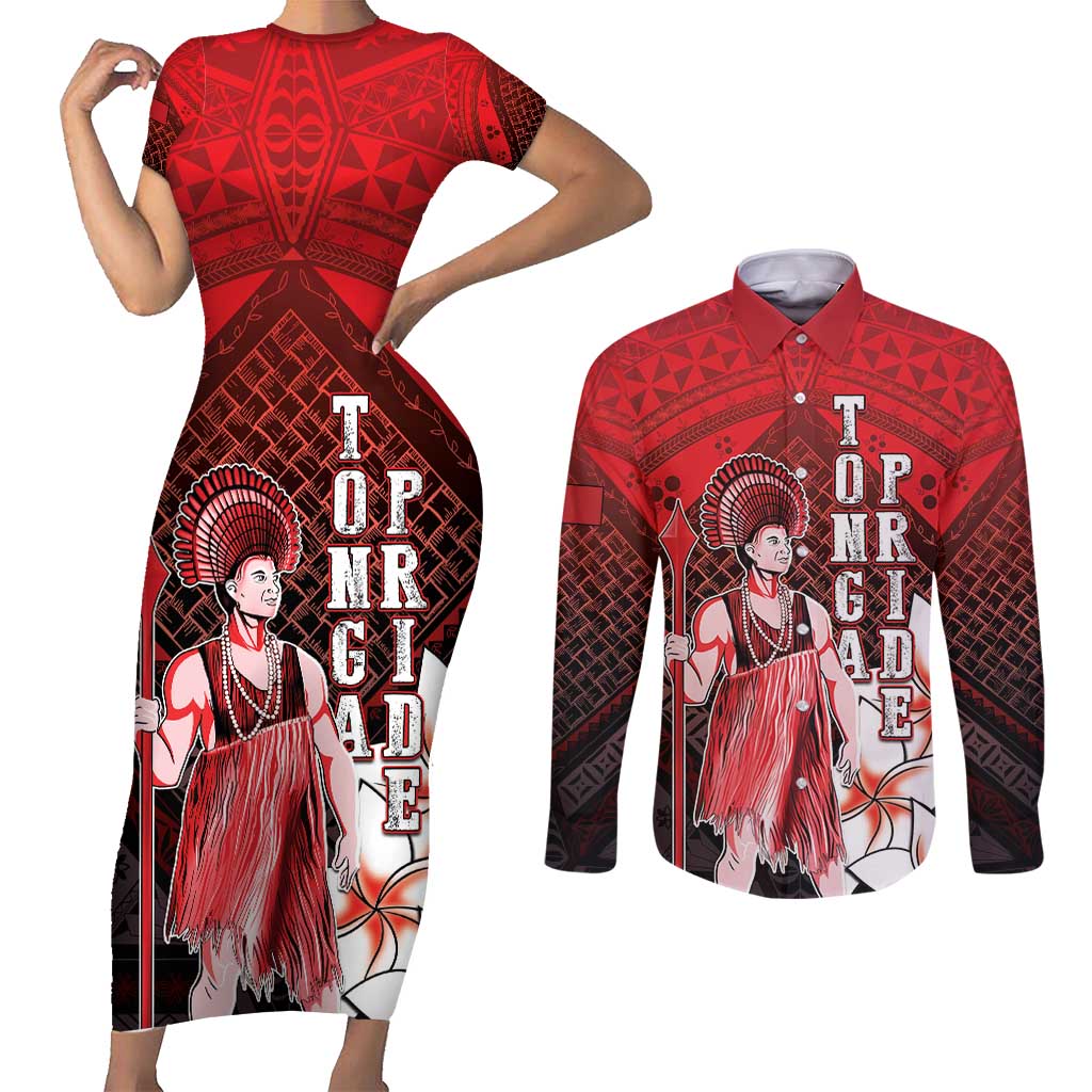 The First King Of Tonga Couples Matching Short Sleeve Bodycon Dress and Long Sleeve Button Shirt Tongan Pride LT05 Red - Polynesian Pride