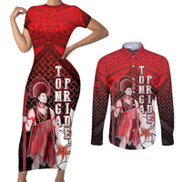The First King Of Tonga Couples Matching Short Sleeve Bodycon Dress and Long Sleeve Button Shirt Tongan Pride LT05 Red - Polynesian Pride