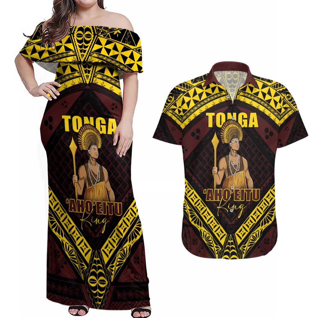 Tonga First King Couples Matching Off Shoulder Maxi Dress and Hawaiian Shirt Ahoeitu Know Your Roots