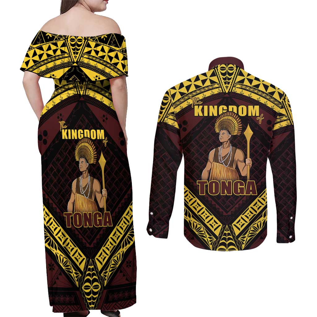 Tonga First King Couples Matching Off Shoulder Maxi Dress and Long Sleeve Button Shirt Ahoeitu Know Your Roots