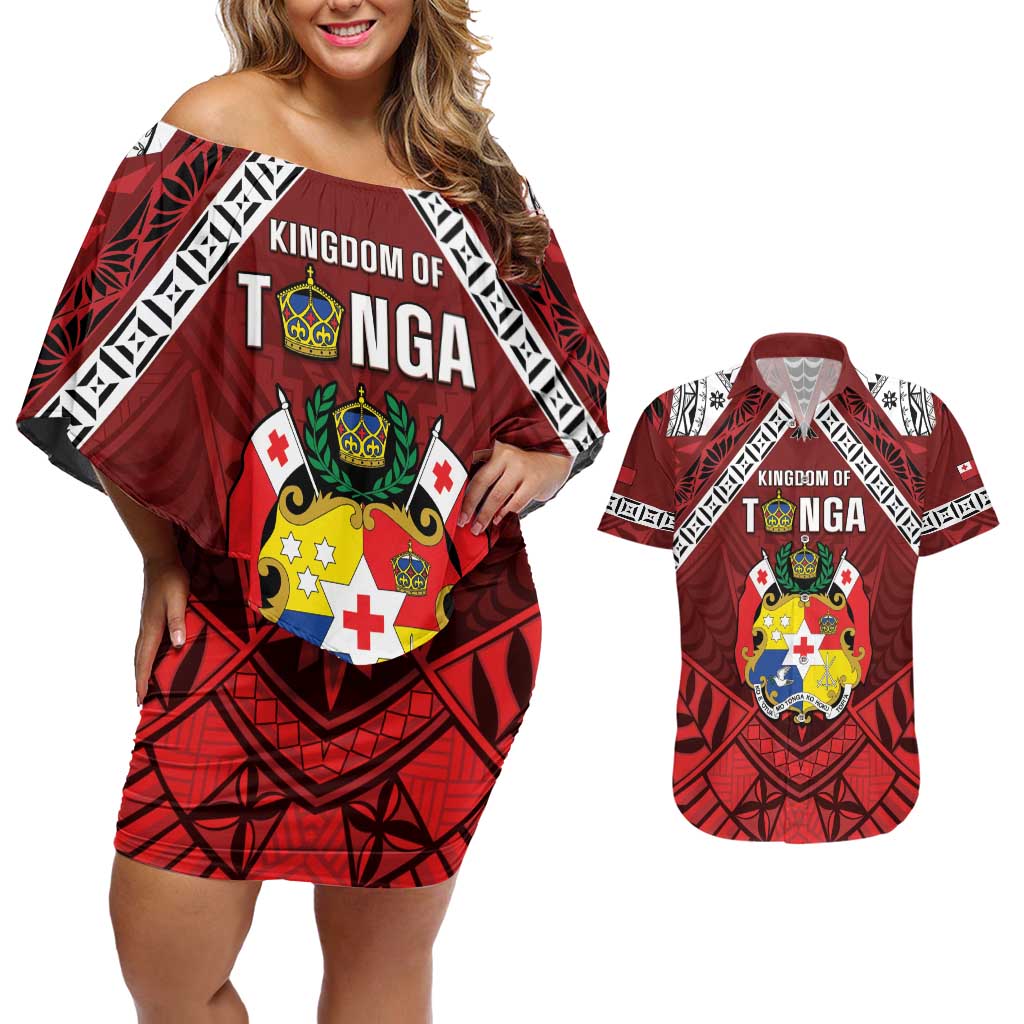 Tonga Emancipation Day Couples Matching Off Shoulder Short Dress and Hawaiian Shirt Tongan Kupesi Pattern
