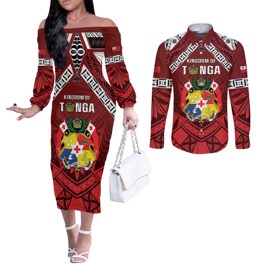 Tonga Emancipation Day Couples Matching Off The Shoulder Long Sleeve Dress and Long Sleeve Button Shirt Tongan Kupesi Pattern