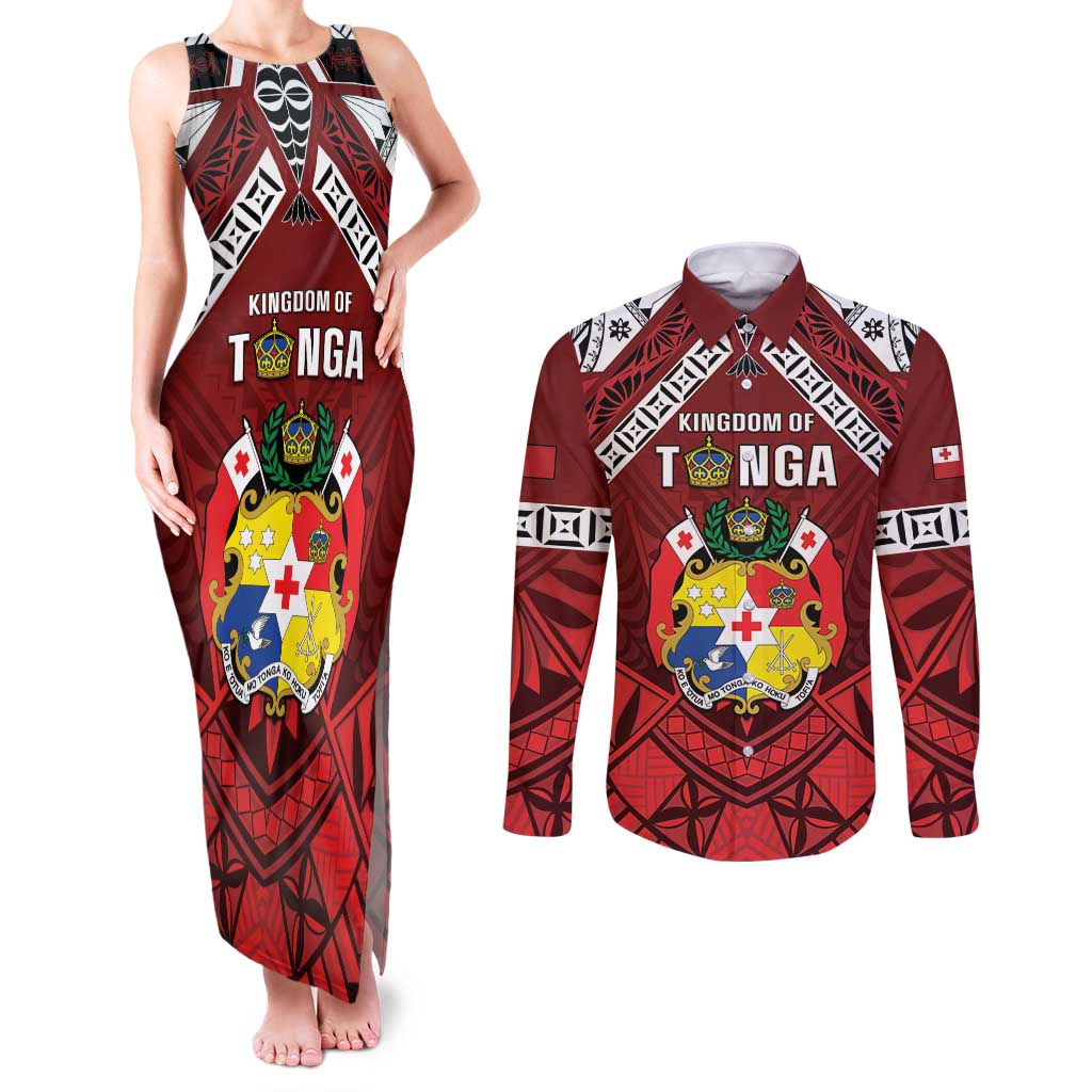 Tonga Emancipation Day Couples Matching Tank Maxi Dress and Long Sleeve Button Shirt Tongan Kupesi Pattern LT05 Red - Polynesian Pride