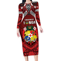 Tonga Emancipation Day Family Matching Long Sleeve Bodycon Dress and Hawaiian Shirt Tongan Kupesi Pattern LT05 Mom's Dress Red - Polynesian Pride
