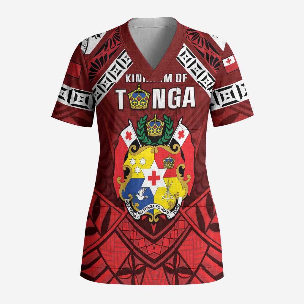 Tonga Emancipation Day Scrub Top Tongan Kupesi Pattern LT05 Adult Red - Polynesian Pride