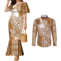 Tonga Kupesi Ngatu Couples Matching Mermaid Dress and Long Sleeve Button Shirt Vintage Brown Plumeria LT05 Brown - Polynesian Pride