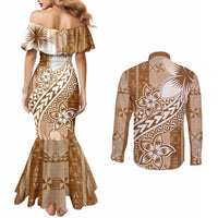 Tonga Kupesi Ngatu Couples Matching Mermaid Dress and Long Sleeve Button Shirt Vintage Brown Plumeria LT05 - Polynesian Pride