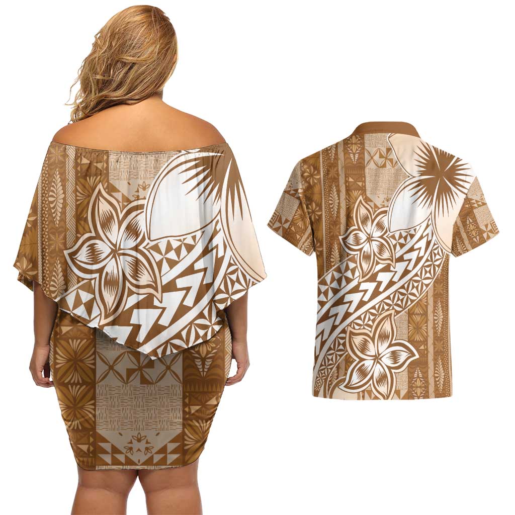 Tonga Kupesi Ngatu Couples Matching Off Shoulder Short Dress and Hawaiian Shirt Vintage Brown Plumeria