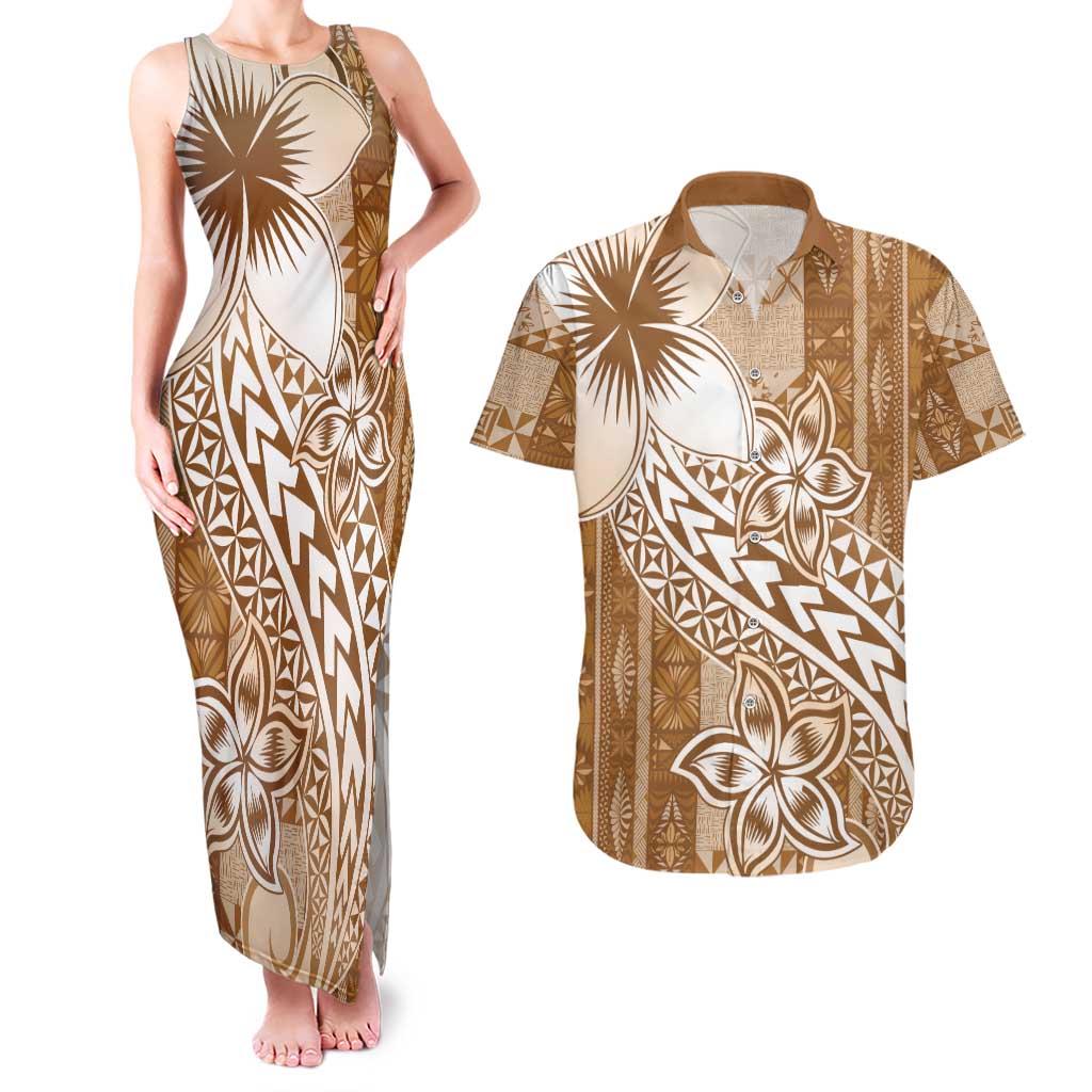 Tonga Kupesi Ngatu Couples Matching Tank Maxi Dress and Hawaiian Shirt Vintage Brown Plumeria LT05 Brown - Polynesian Pride