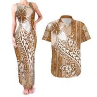 Tonga Kupesi Ngatu Couples Matching Tank Maxi Dress and Hawaiian Shirt Vintage Brown Plumeria LT05 Brown - Polynesian Pride