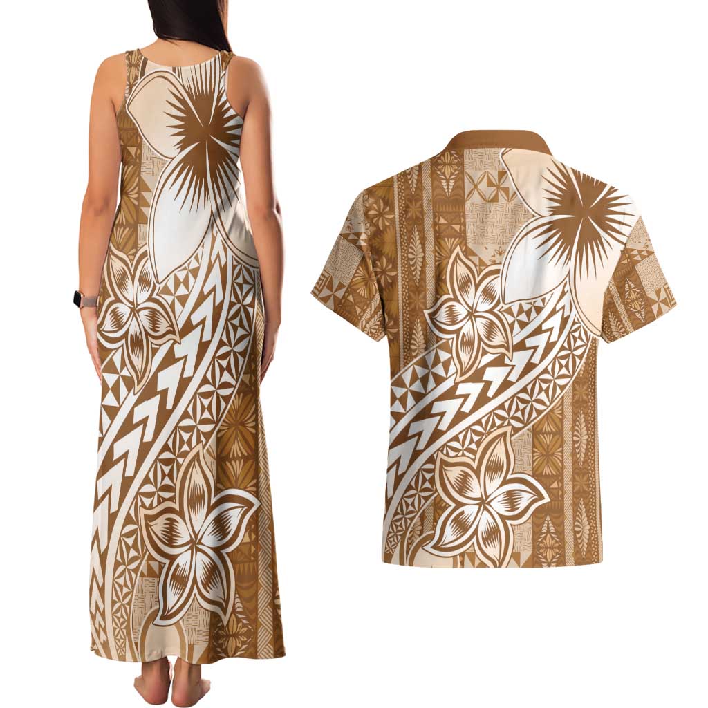 Tonga Kupesi Ngatu Couples Matching Tank Maxi Dress and Hawaiian Shirt Vintage Brown Plumeria LT05 - Polynesian Pride