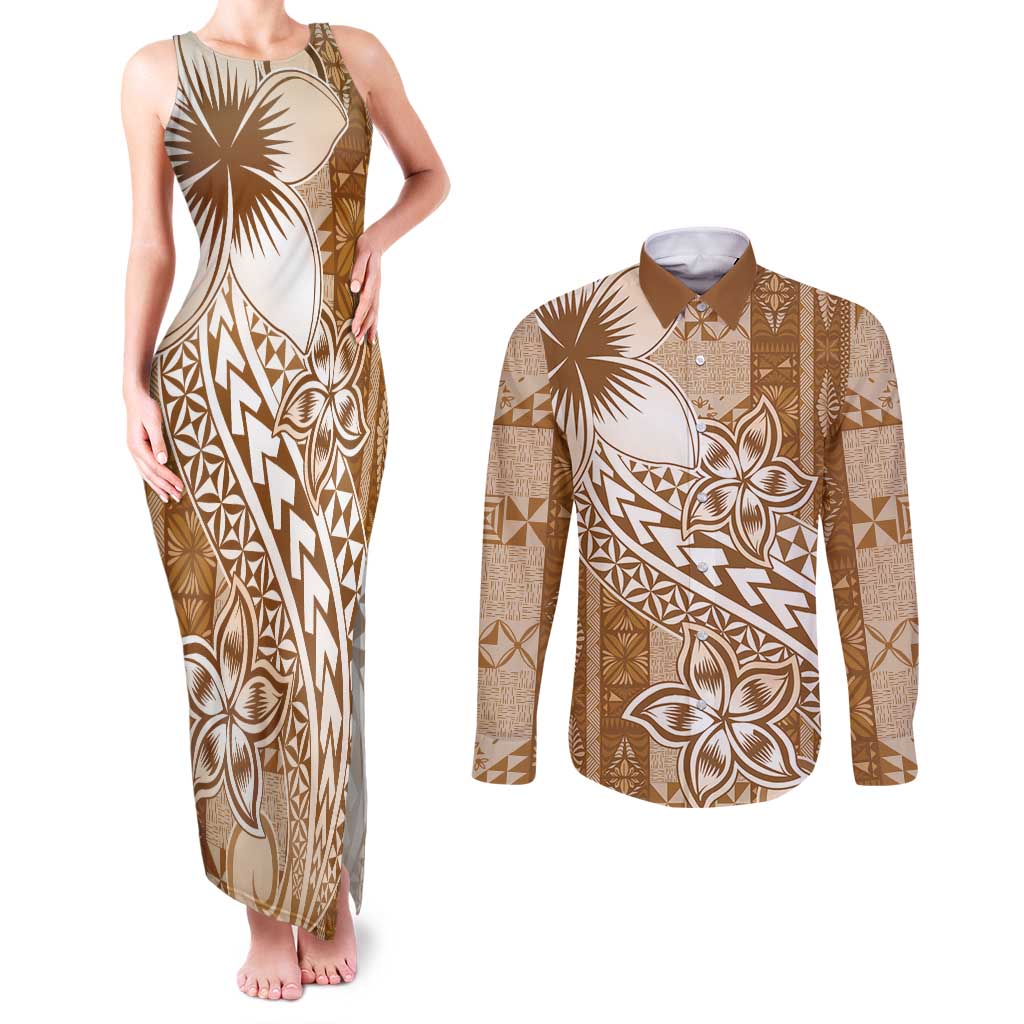 Tonga Kupesi Ngatu Couples Matching Tank Maxi Dress and Long Sleeve Button Shirt Vintage Brown Plumeria LT05 Brown - Polynesian Pride
