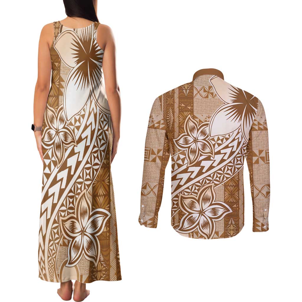 Tonga Kupesi Ngatu Couples Matching Tank Maxi Dress and Long Sleeve Button Shirt Vintage Brown Plumeria LT05 - Polynesian Pride