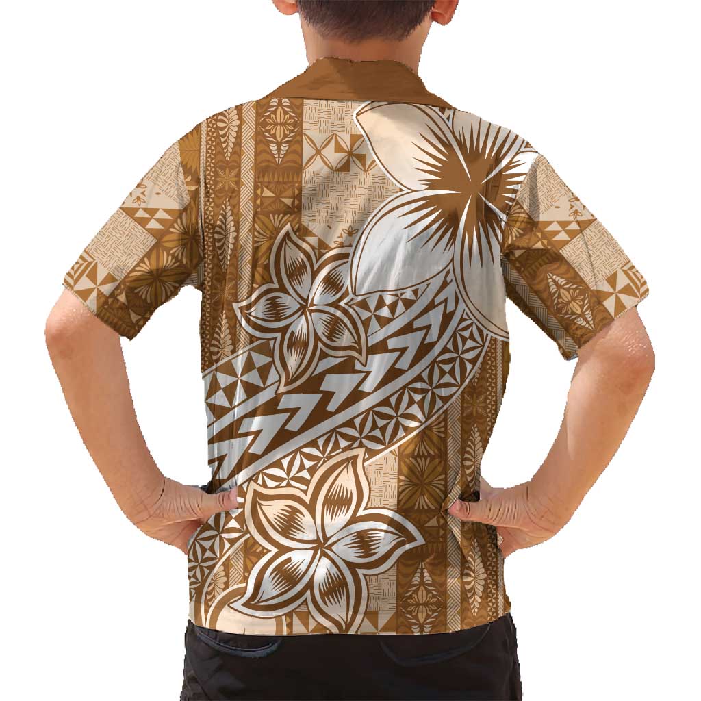 Tonga Kupesi Ngatu Family Matching Long Sleeve Bodycon Dress and Hawaiian Shirt Vintage Brown Plumeria