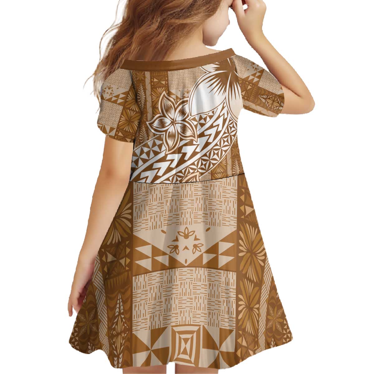 Tonga Kupesi Ngatu Family Matching Off The Shoulder Long Sleeve Dress and Hawaiian Shirt Vintage Brown Plumeria