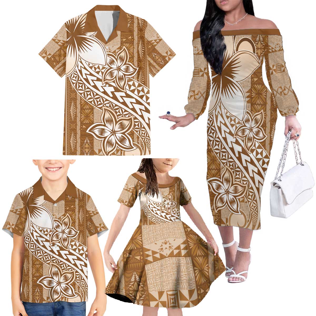 Tonga Kupesi Ngatu Family Matching Off The Shoulder Long Sleeve Dress and Hawaiian Shirt Vintage Brown Plumeria