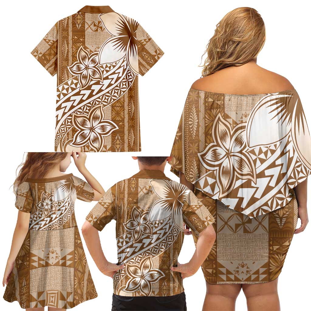Tonga Kupesi Ngatu Family Matching Off Shoulder Short Dress and Hawaiian Shirt Vintage Brown Plumeria