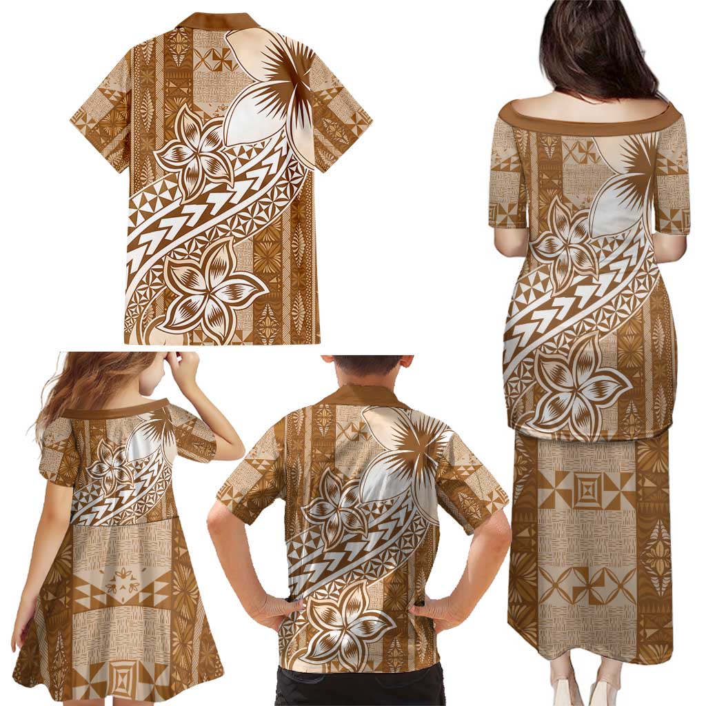 Tonga Kupesi Ngatu Family Matching Puletasi and Hawaiian Shirt Vintage Brown Plumeria