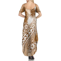Tonga Kupesi Ngatu Family Matching Summer Maxi Dress and Hawaiian Shirt Vintage Brown Plumeria