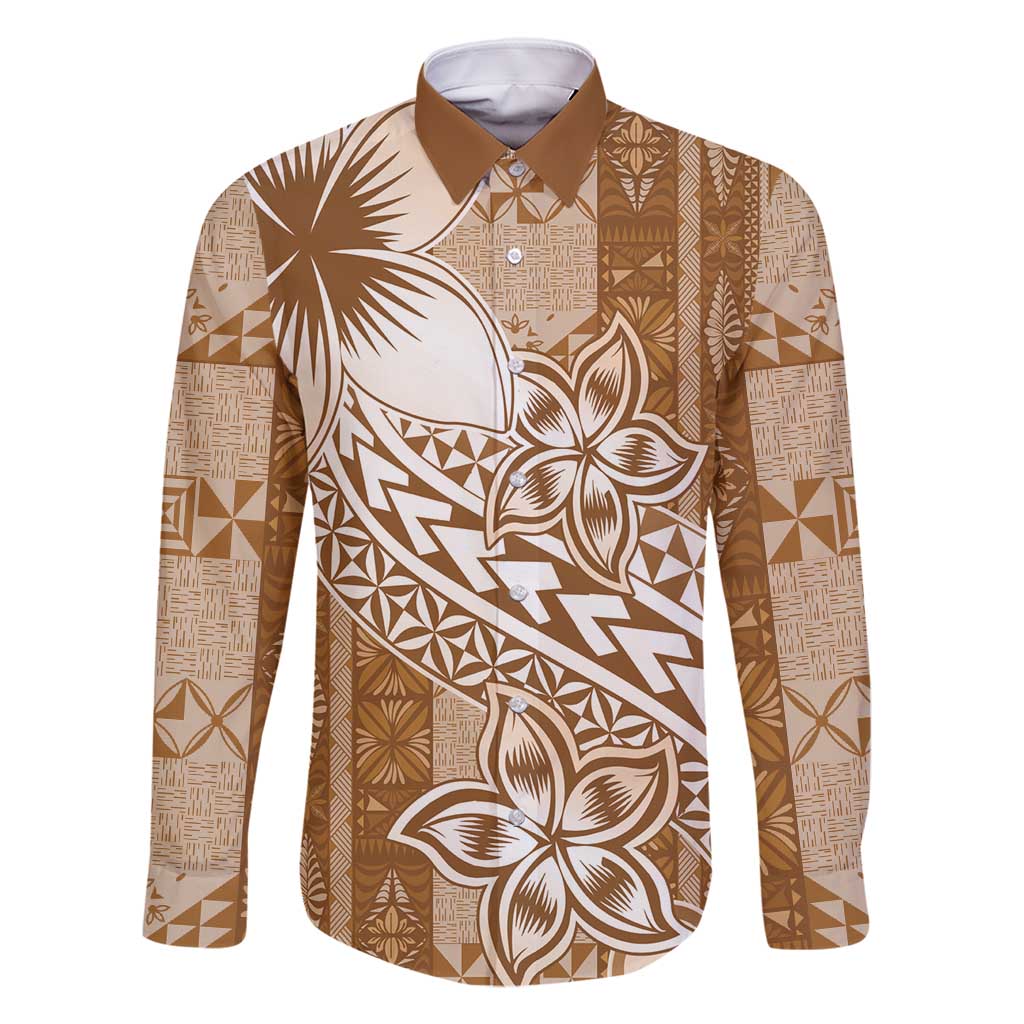 Tonga Kupesi Ngatu Family Matching Tank Maxi Dress and Hawaiian Shirt Vintage Brown Plumeria