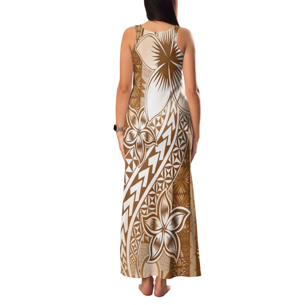 Tonga Kupesi Ngatu Family Matching Tank Maxi Dress and Hawaiian Shirt Vintage Brown Plumeria