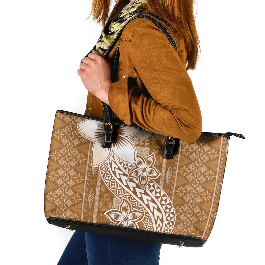 Tonga Kupesi Ngatu Leather Tote Bag Vintage Brown Plumeria