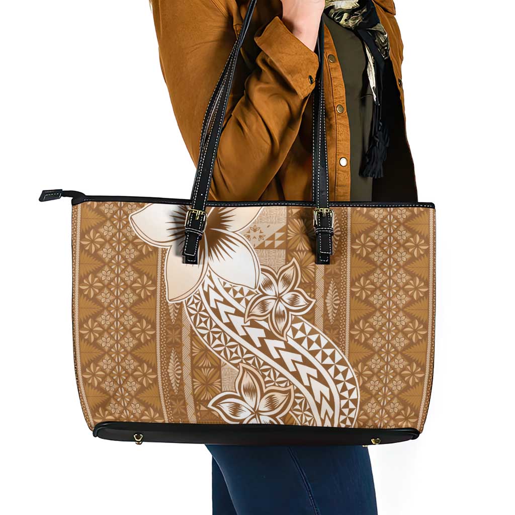 Tonga Kupesi Ngatu Leather Tote Bag Vintage Brown Plumeria