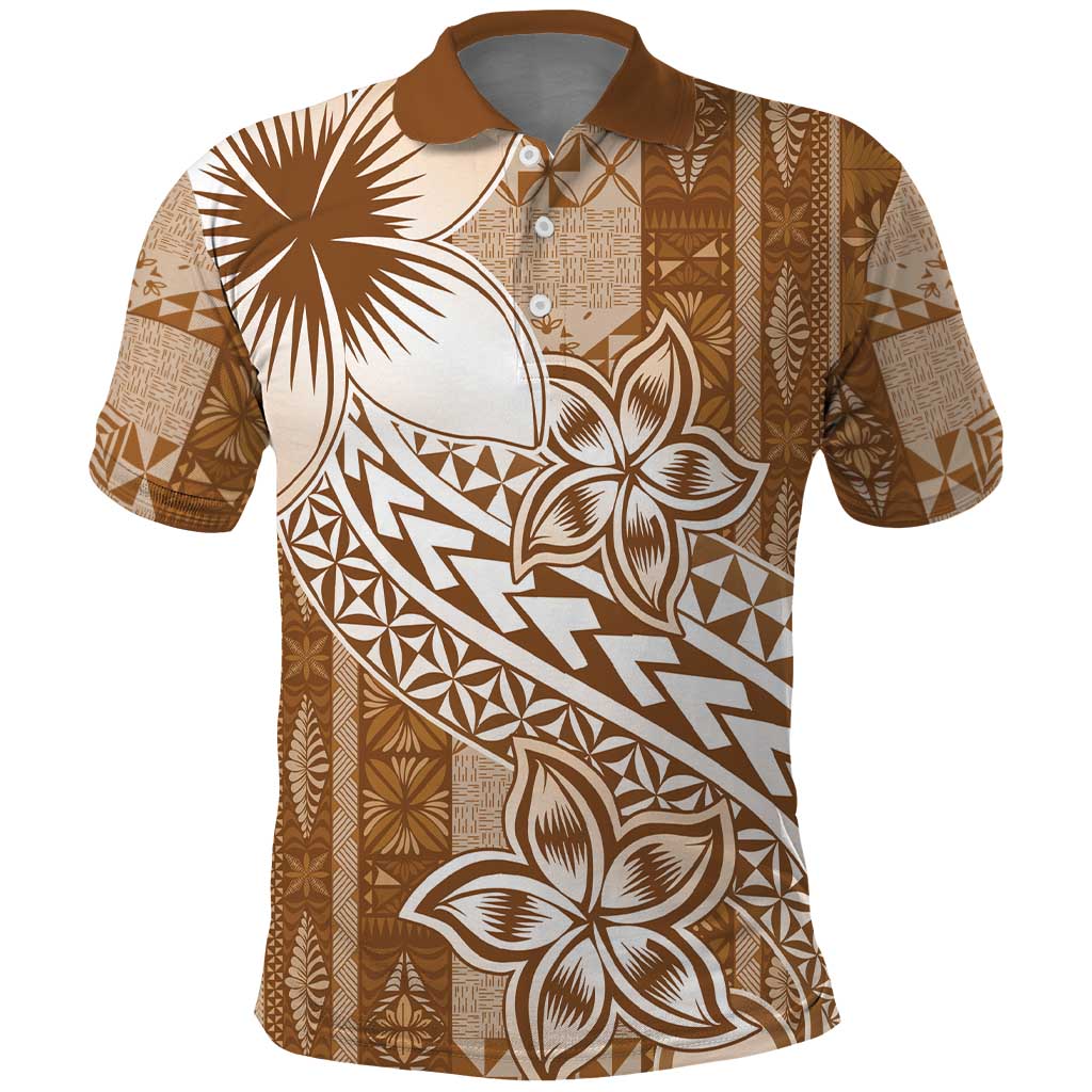 Tonga Kupesi Ngatu Polo Shirt Vintage Brown Plumeria