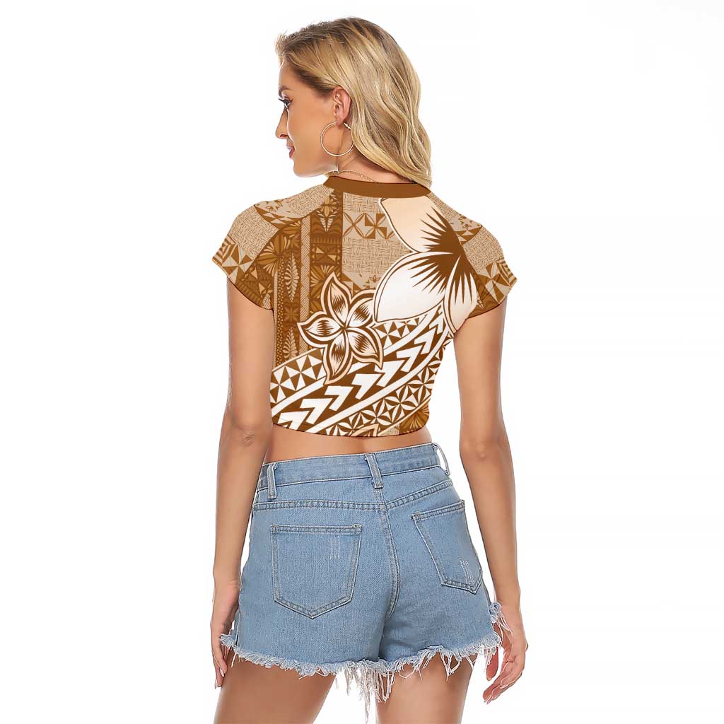 Tonga Kupesi Ngatu Raglan Cropped T Shirt Vintage Brown Plumeria LT05 - Polynesian Pride