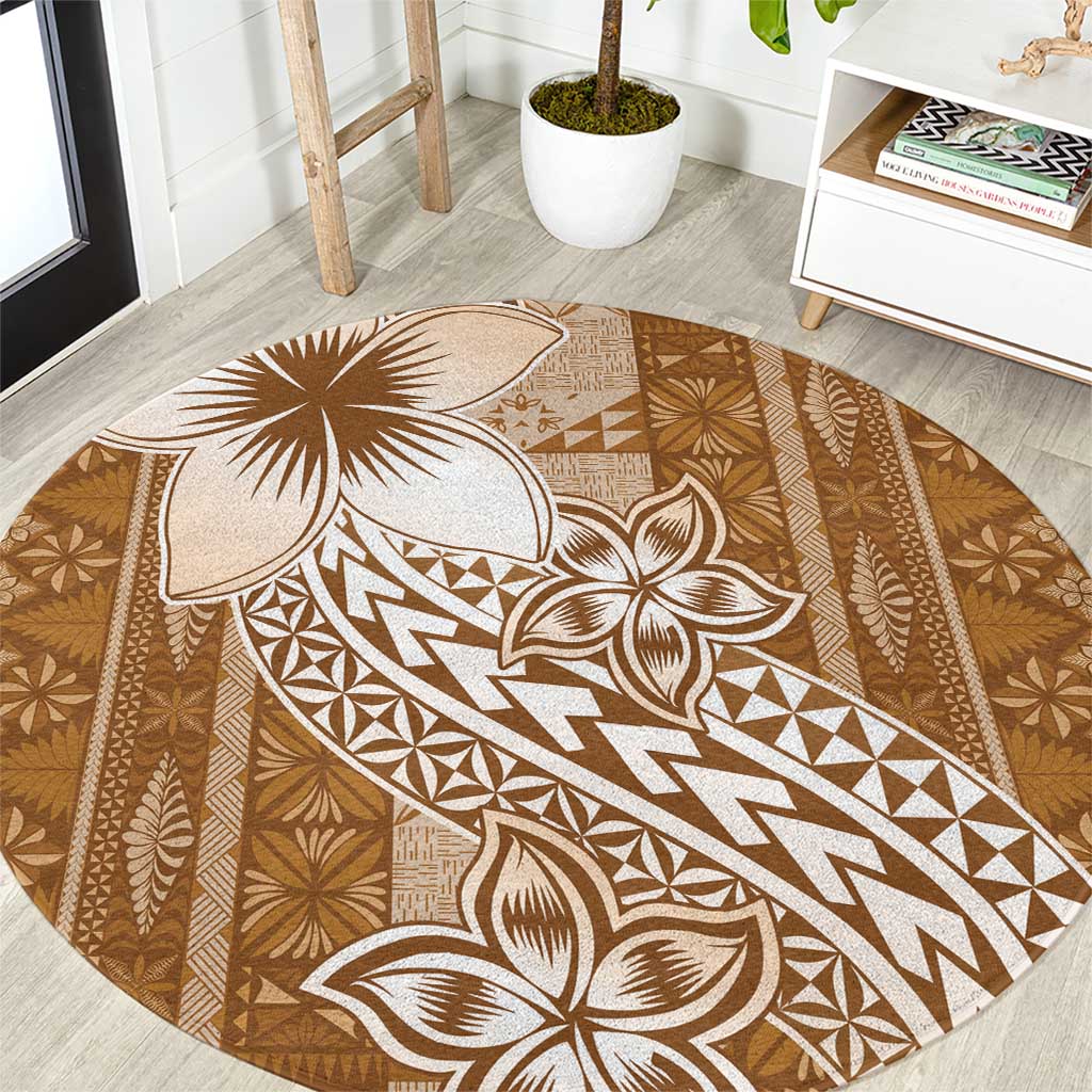 Tonga Kupesi Ngatu Round Carpet Vintage Brown Plumeria